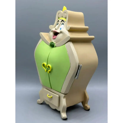 Beauty and the beast cogsworth clock jewelry box shaped like a whimsical beige and lime green lady figurine with heart handles
