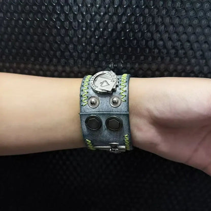 Dark gray leather Ben 10 omnitrix cosplay bracelet with silver poker chip clasp and decorative studs cosplay bracelet