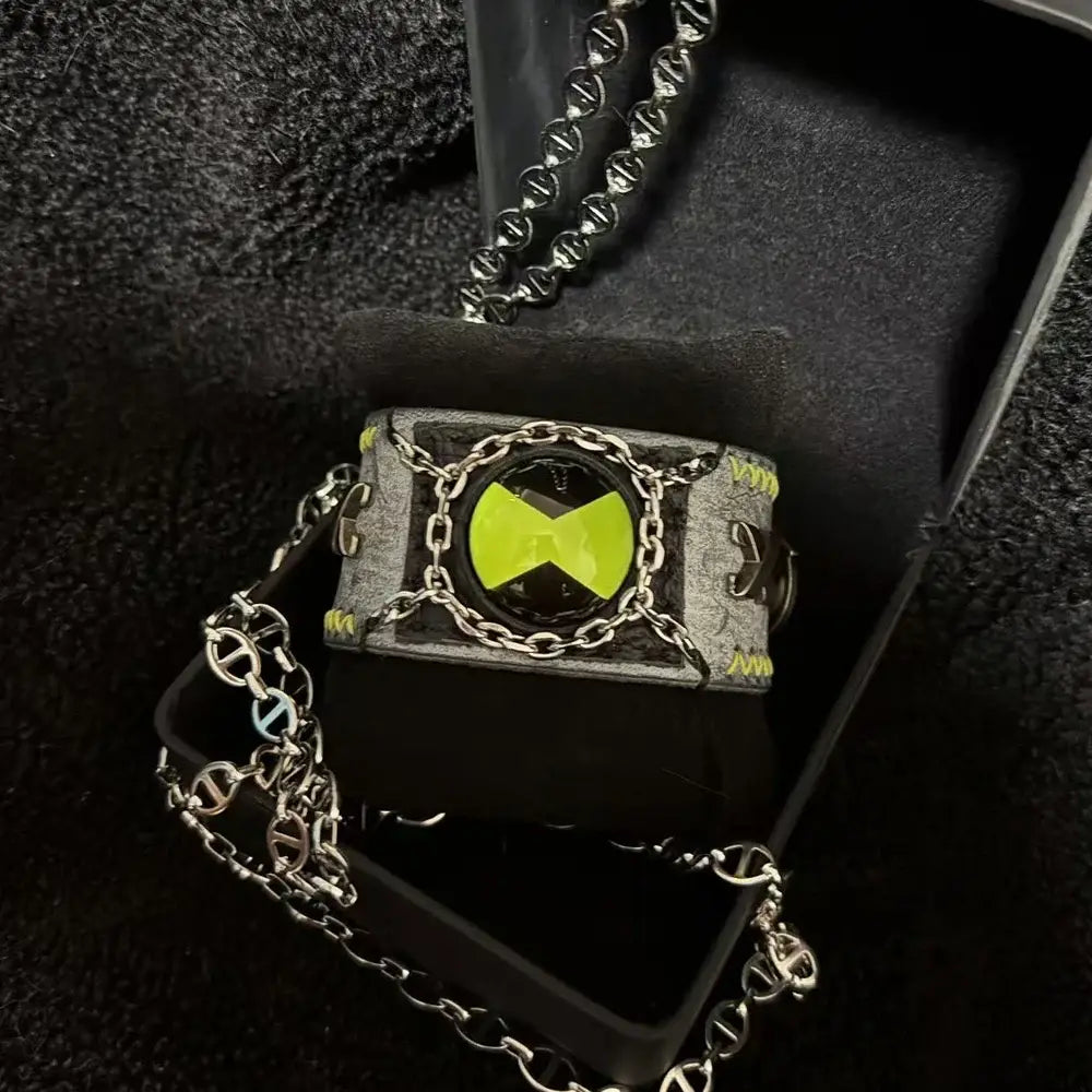 Ben 10 omnitrix cosplay bracelet leather bangle in gray and neon green with silver chain accents for cosplay bracelet use