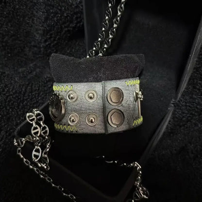 Rugged silver leather omnitrix cosplay bracelet with metallic studs and bright yellow stitching for ben 10 cosplay