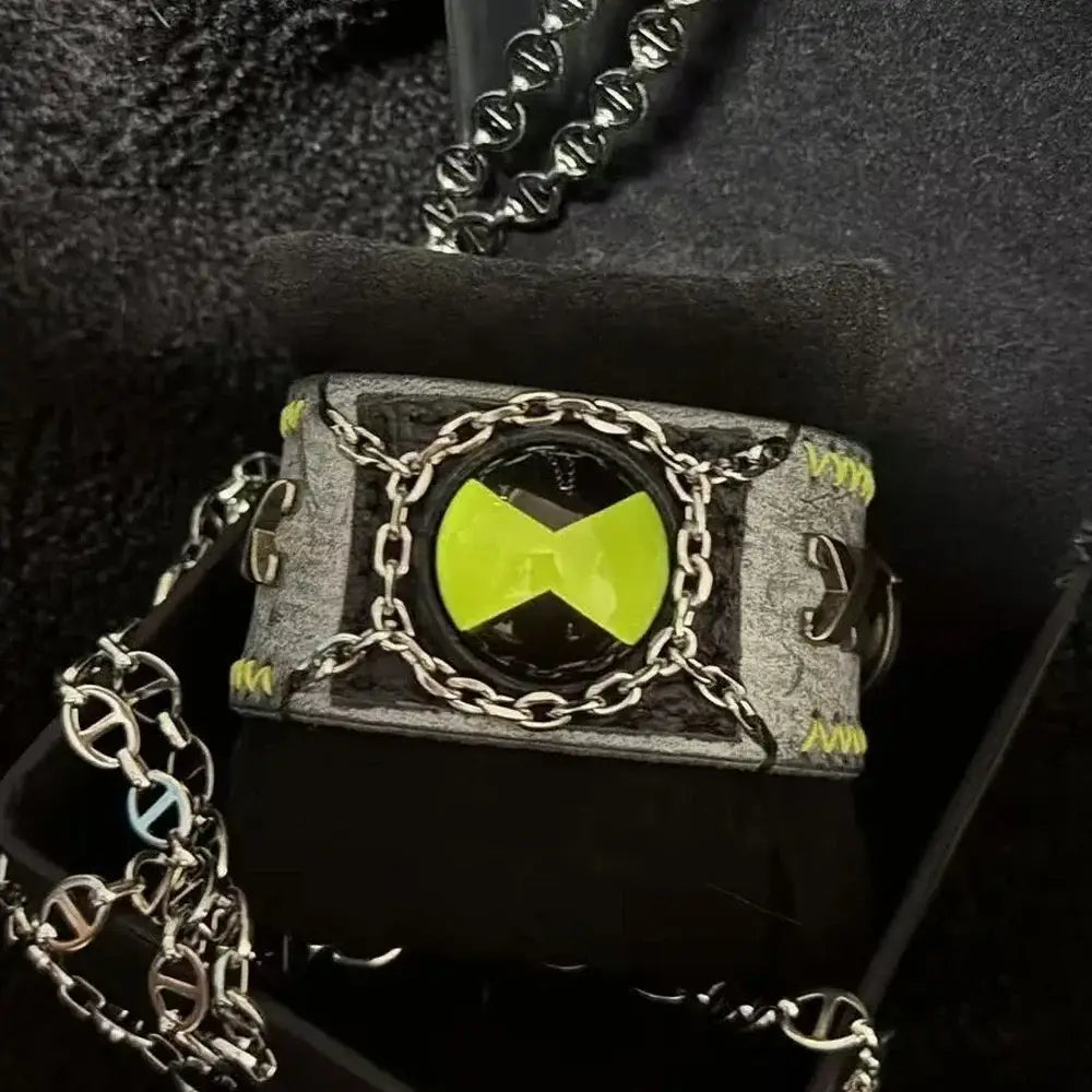 Sleek gray leather ben 10 omnitrix cosplay bracelet with neon green accents and glowing lime-green x emblem encased in chains
