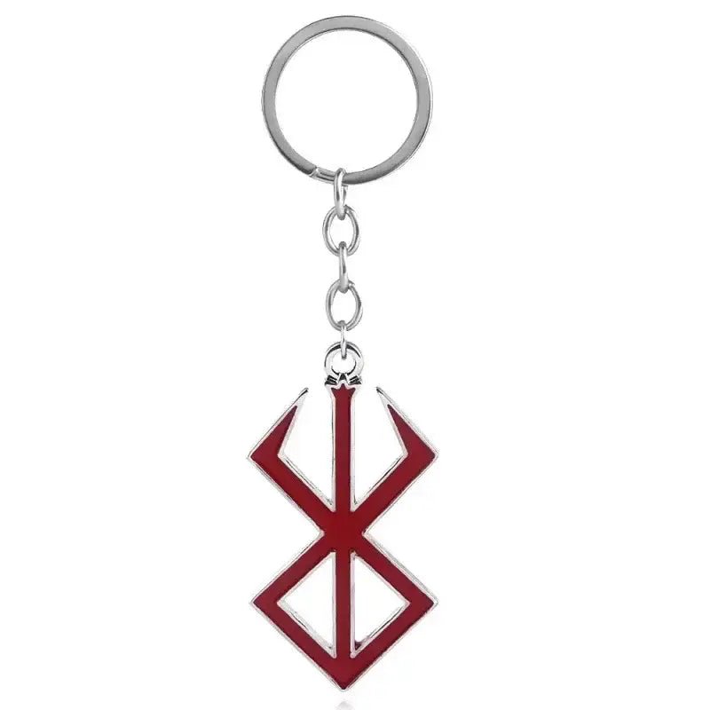 Silver zinc alloy behelit pendant necklace keychain with red and silver angular geometric griffith emblem
