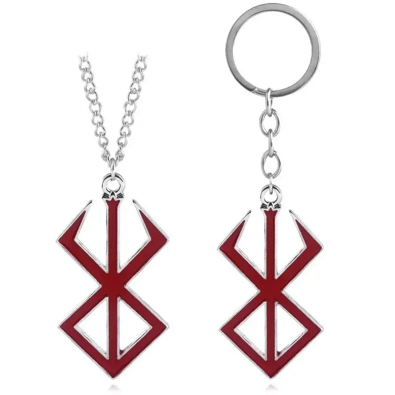 Silver zinc alloy behelit pendant necklace and keychain with bold red enamel griffith sigil design