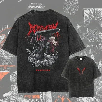 Black distressed berserk guts baggy t-shirt featuring a bold red and black washed graphic design with warrior and skulls
