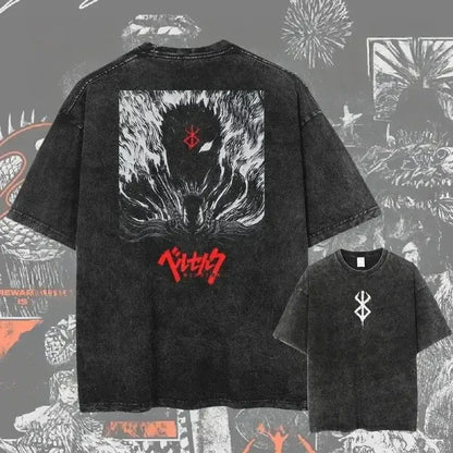 Black distressed cotton berserk guts baggy t-shirt with a washed graphic design of griffith and his symbol in oversized fit