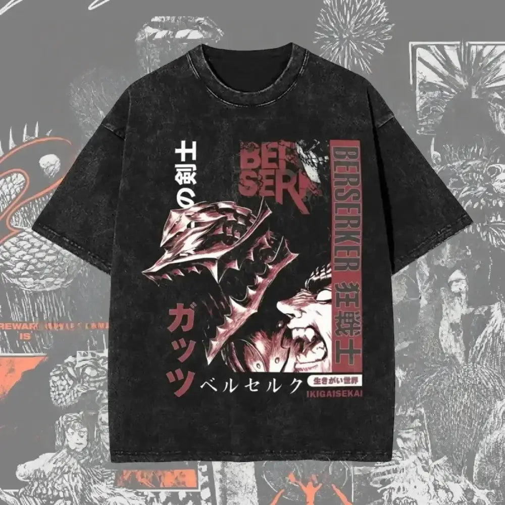 Black distressed berserk guts baggy t-shirt featuring bold washed graphic design of jojo’s bizarre adventure berserker with red and white text