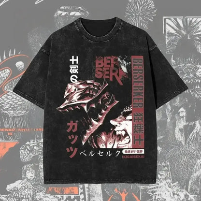 Black distressed berserk guts baggy t-shirt featuring bold washed graphic design of jojo’s bizarre adventure berserker with red and white text
