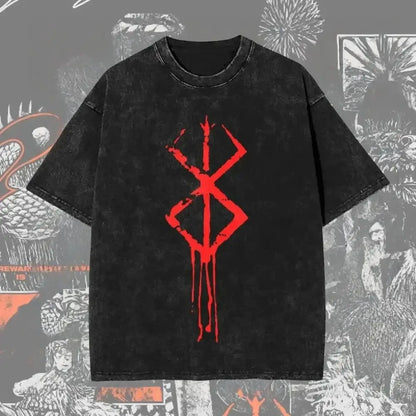 Black short-sleeved berserk guts baggy t-shirt with bold red dripping symbol and washed graphic design