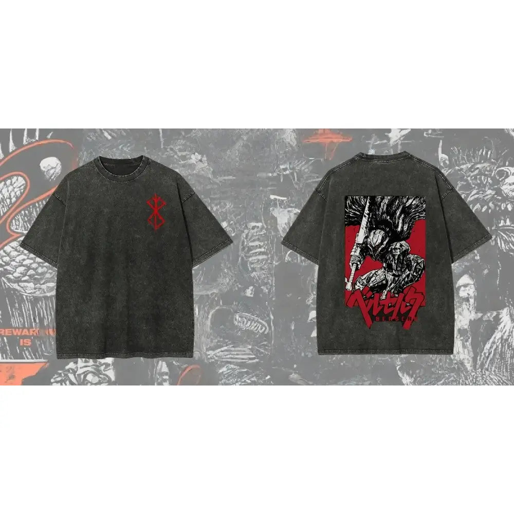 Black oversized berserk guts baggy t-shirt with red logo front and washed graphic warrior sword design on back