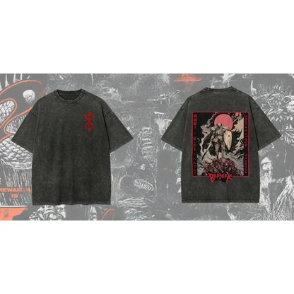 Black oversized berserk guts baggy t shirt with red embroidered emblem and washed graphic design on the back