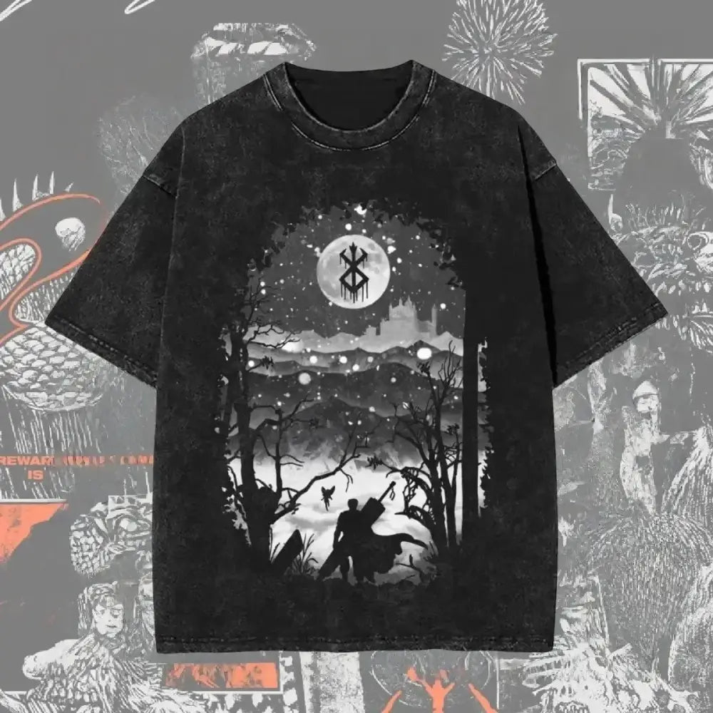 Black distressed cotton berserk guts baggy t-shirt with washed graphic moonlit forest design and berserk symbol