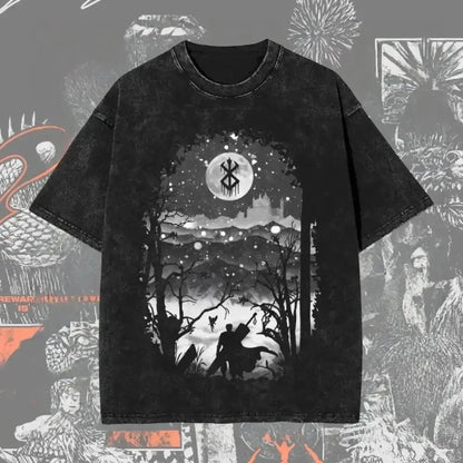 Black distressed cotton berserk guts baggy t-shirt with washed graphic moonlit forest design and berserk symbol