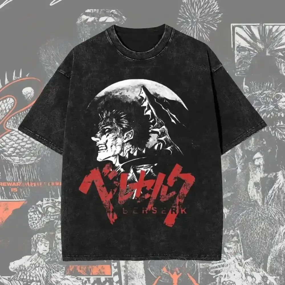 Black distressed cotton berserk guts baggy t-shirt with washed graphic design of griffith and bold red kanji