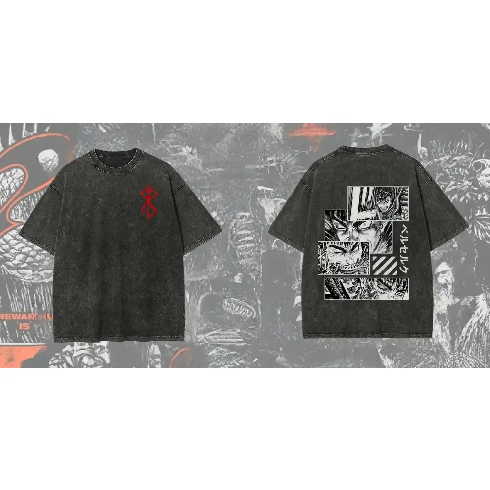 Black oversized berserk guts baggy t-shirt with red emblem and detailed manga-style washed graphic design on back