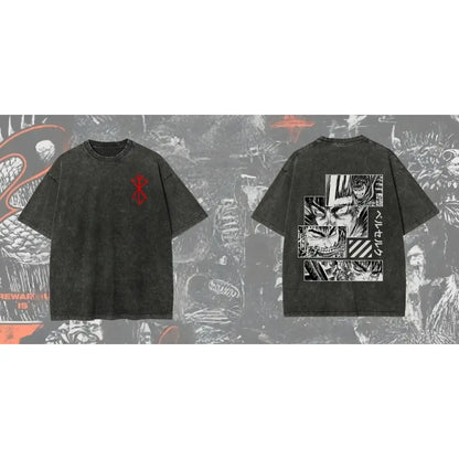 Black oversized berserk guts baggy t-shirt with red emblem and detailed manga-style washed graphic design on back