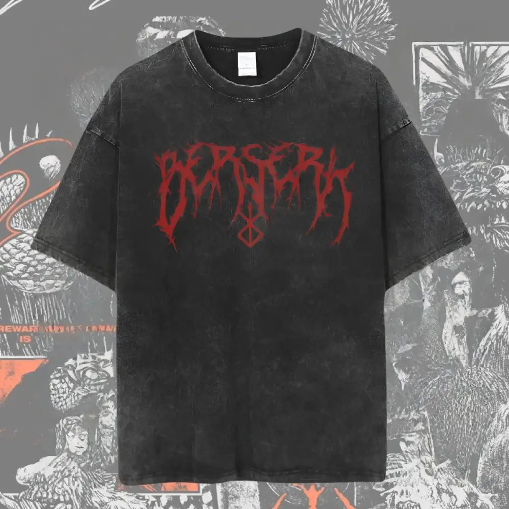 Black distressed berserk guts baggy t-shirt with bold red gothic lettering and washed graphic design on chest