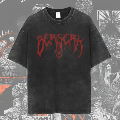Black distressed berserk guts baggy t-shirt with bold red gothic lettering and washed graphic design on chest