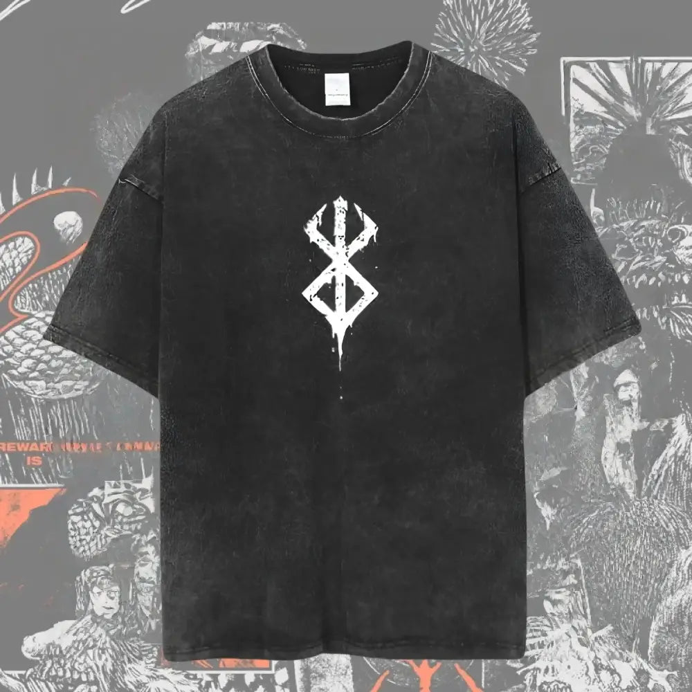 Black distressed cotton berserk guts baggy t-shirt with white stylized rune logo and washed graphic design on the chest