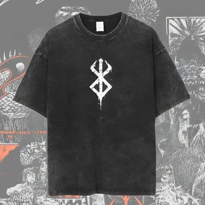 Black distressed cotton berserk guts baggy t-shirt with white stylized rune logo and washed graphic design on the chest