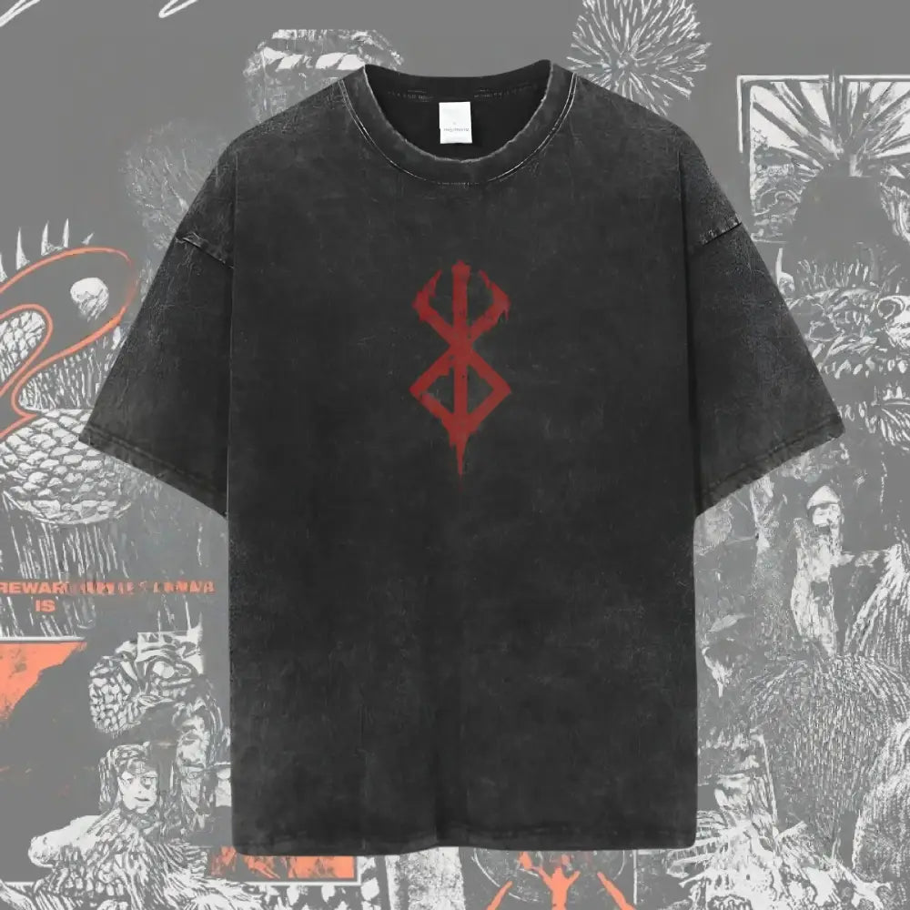Black distressed cotton berserk guts baggy t-shirt with bold red emblem and washed graphic design on the chest