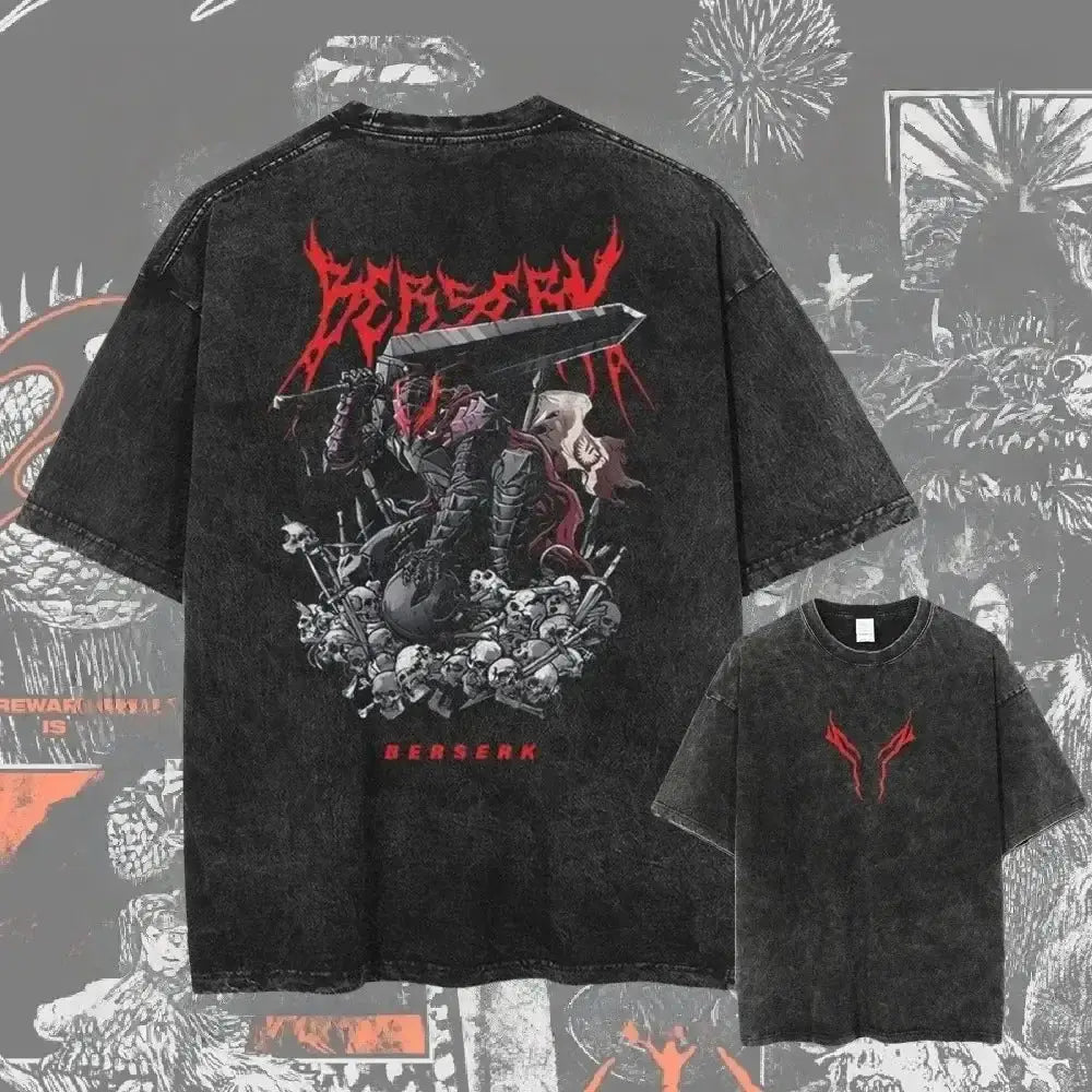 Black distressed berserk guts baggy t-shirt with bold red washed graphic design featuring anime warrior and skulls