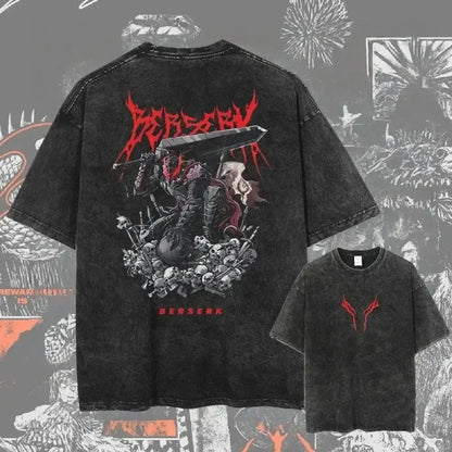 Black distressed berserk guts baggy t-shirt with bold red washed graphic design featuring anime warrior and skulls