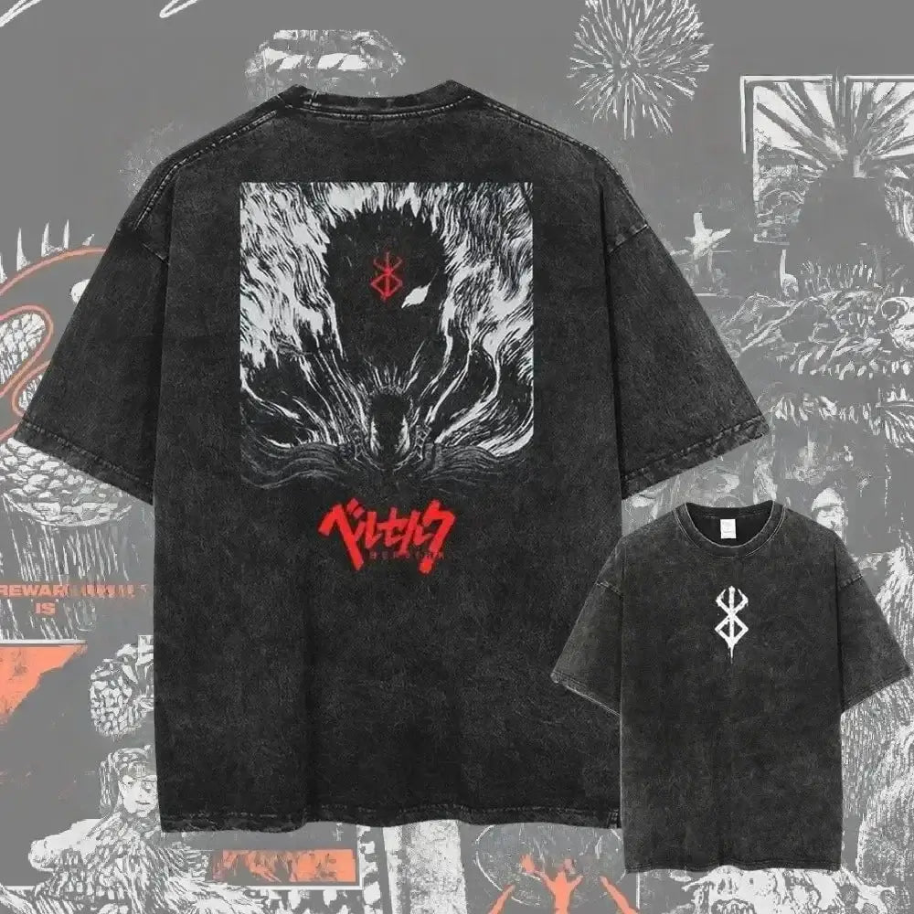 Black distressed cotton berserk guts baggy t-shirt with bold white and red graphic design and washed graphic finish