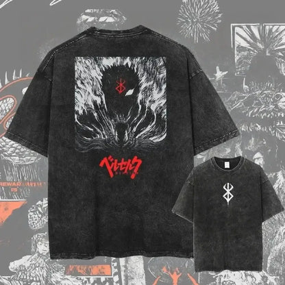 Black distressed cotton berserk guts baggy t-shirt with bold white and red graphic design and washed graphic finish