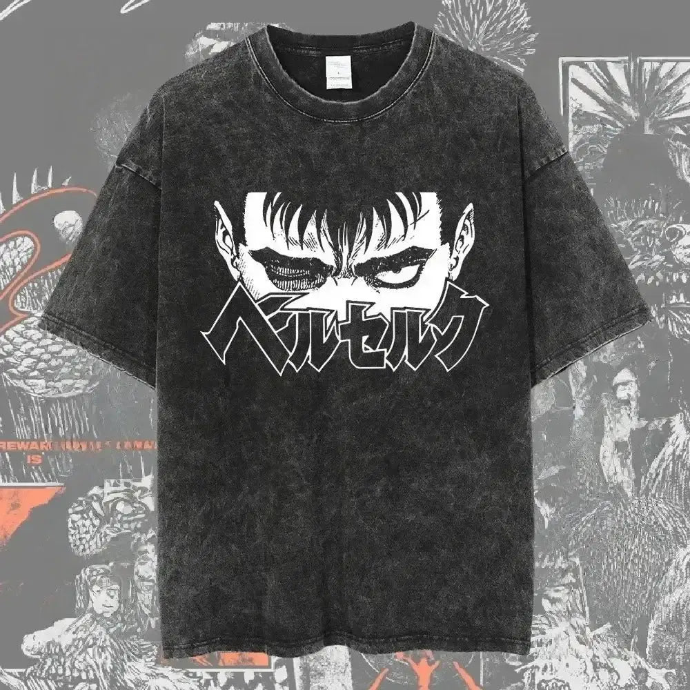 Black distressed cotton berserk guts baggy t-shirt with bold white belzecu graphic and washed graphic design