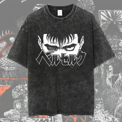 Black distressed cotton berserk guts baggy t-shirt with bold white belzecu graphic and washed graphic design