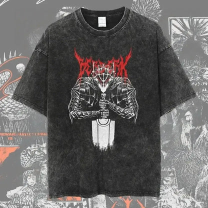 Black distressed berserk guts baggy t shirt featuring a white and red washed graphic design of an armored figure with sword
