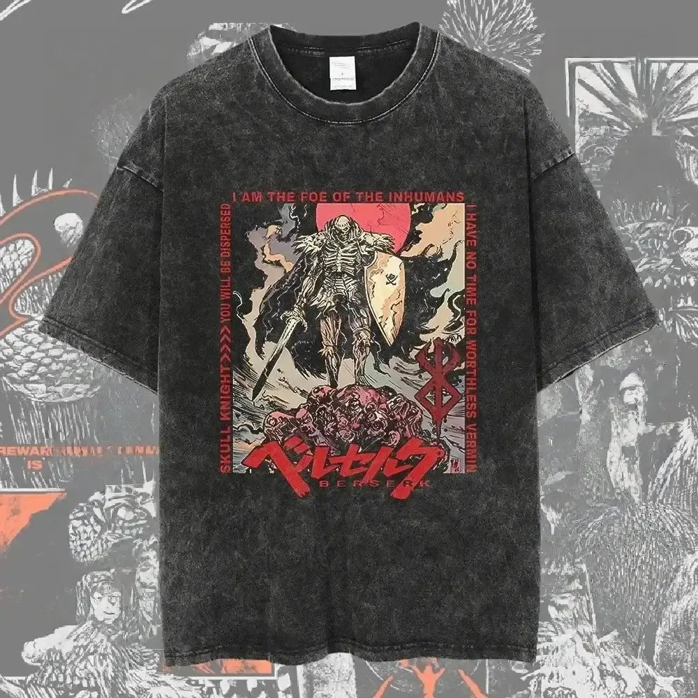 Black distressed berserk guts baggy t-shirt with bold red and beige washed graphic design featuring griffith text in english and japanese