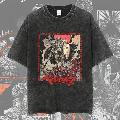 Black distressed berserk guts baggy t-shirt with bold red and beige washed graphic design featuring griffith text in english and japanese