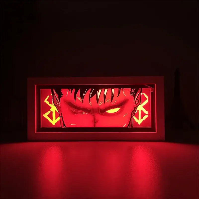 Red illuminated paper carved led lamp featuring berserk anime character with glowing yellow eyes and 16-color remote control