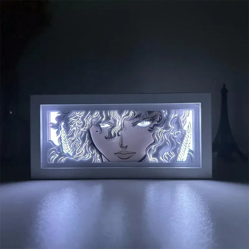 Berserk guts griffith paper-cut 3d led light box with illuminated stylized female face in a sleek white frame