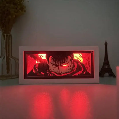 Berserk guts griffith paper-cut 3d led light box features a white frame with a glowing red led light night light design