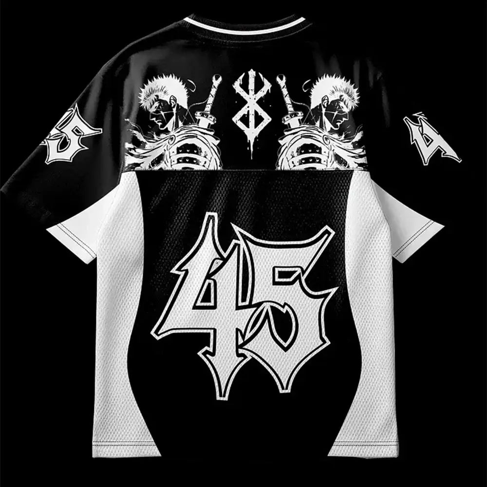 Black and white mesh oversized anime jersey with bold sword-wielding characters and y2k style 45 lettering on back