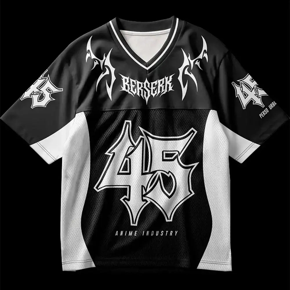 Black and white anime oversized jersey with bold berserk lettering, breathable quick-drying y2k style design