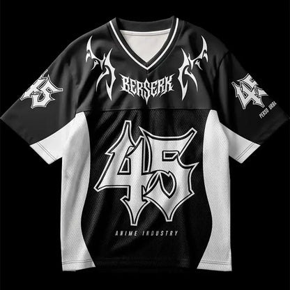 Black and white anime oversized jersey with bold berserk lettering, breathable quick-drying y2k style design