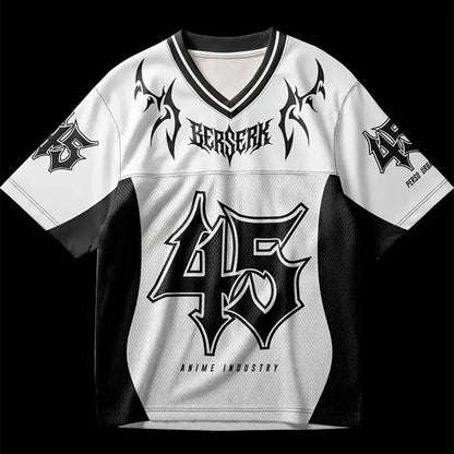 White and black anime jersey with bold berserk lettering and tribal sleeves in breathable mesh for summer comfort oversized jersey