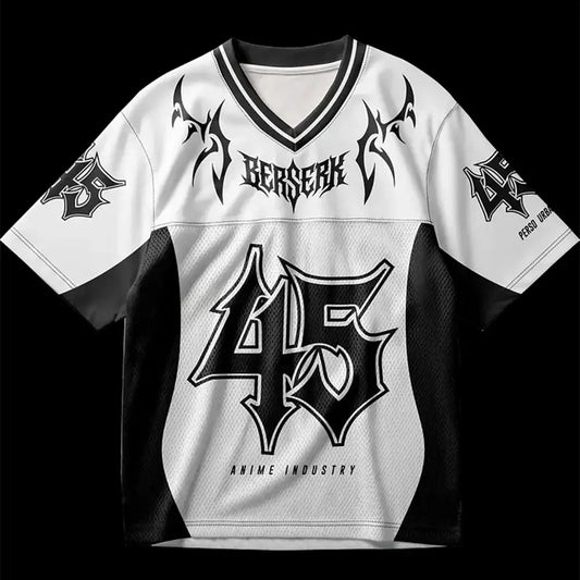 White and black anime jersey with bold berserk lettering and tribal sleeves in breathable mesh for summer comfort oversized jersey