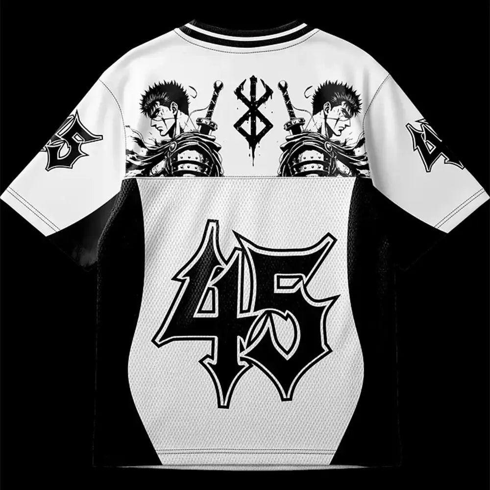 White and black oversized anime jersey breathable quick drying with bold 45 design and warrior illustration on back for summer comfort