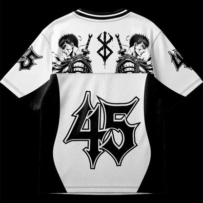 White and black oversized anime jersey breathable quick drying with bold 45 design and warrior illustration on back for summer comfort
