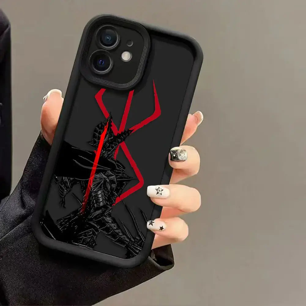 Black berserk guts phone case with glossy finish and red spiky creature graphic on tpu dragon cover back side