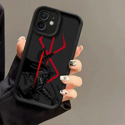 Black berserk guts phone case with glossy finish and red spiky creature graphic on tpu dragon cover back side