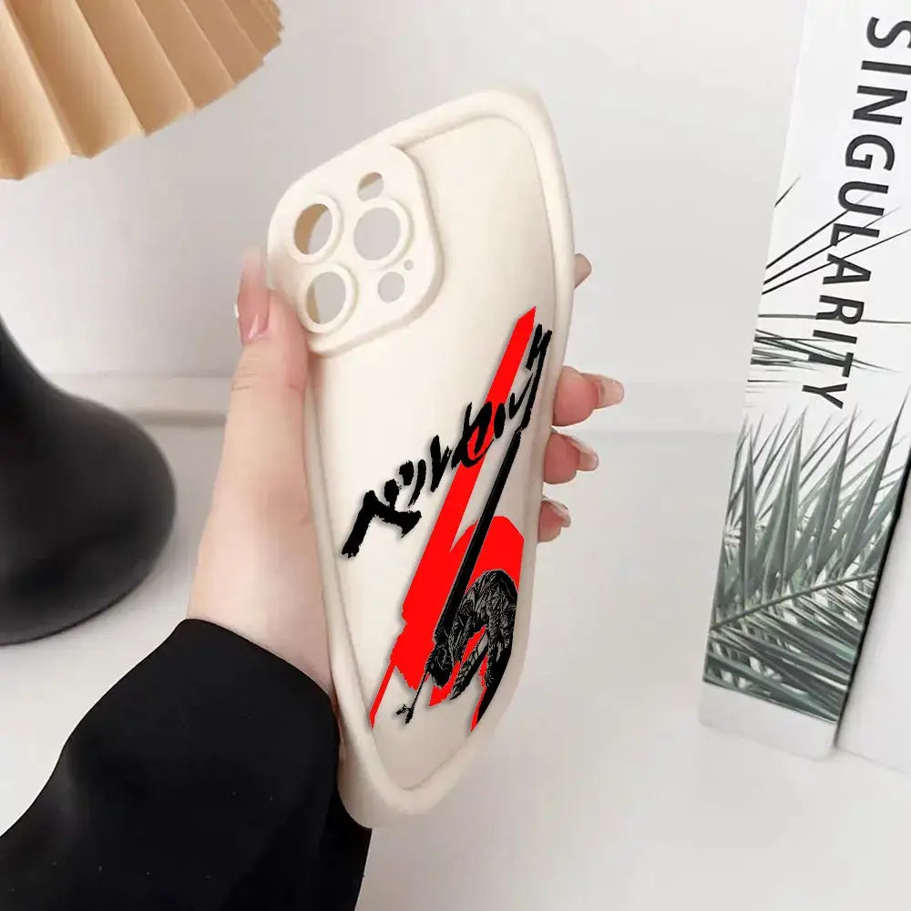 Cream-colored berserk guts phone case with bold red lightning bolt black text and embossed snake TPU back cover