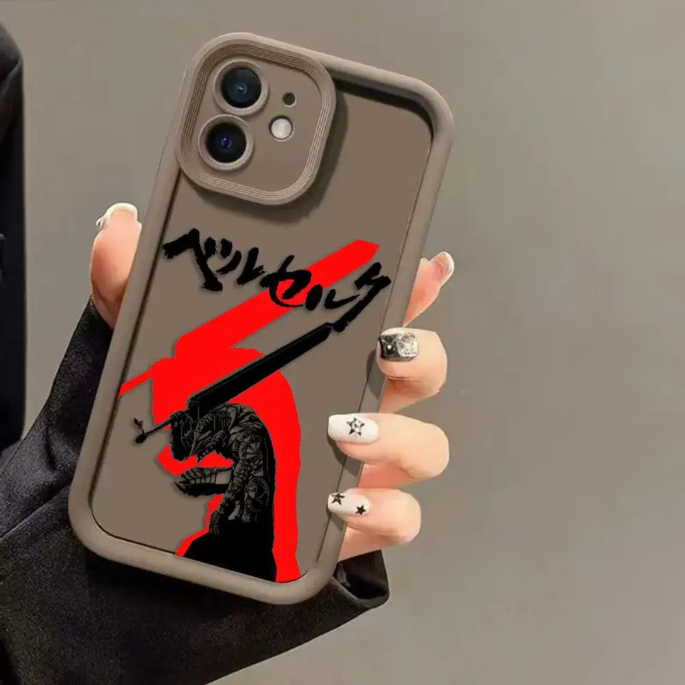 Gray tpu berserk guts phone case for iphone 12 featuring bold red and black graphic of guts with sword on back side