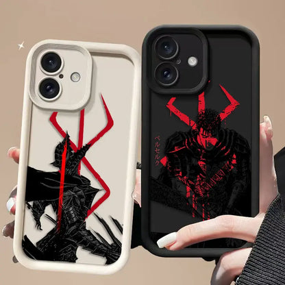 Two berserk guts phone cases featuring black and red anime designs, cream silicone and matte black tpu dragon covers