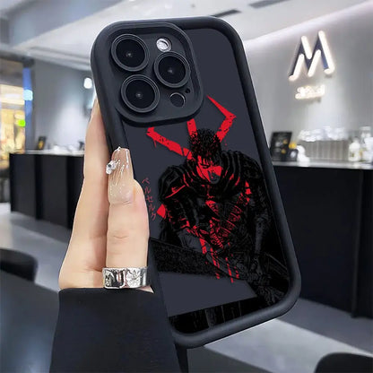 Black tpu berserk guts phone case featuring a striking red and black anime design with bold stylized lines on back side