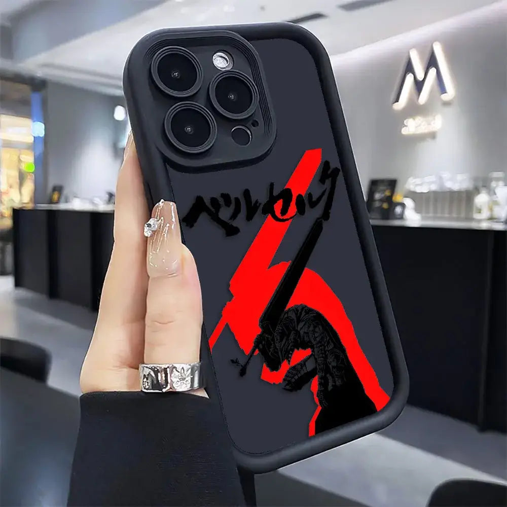 Black tpu berserk guts phone case with red lightning bolt and black stylized text on the back side